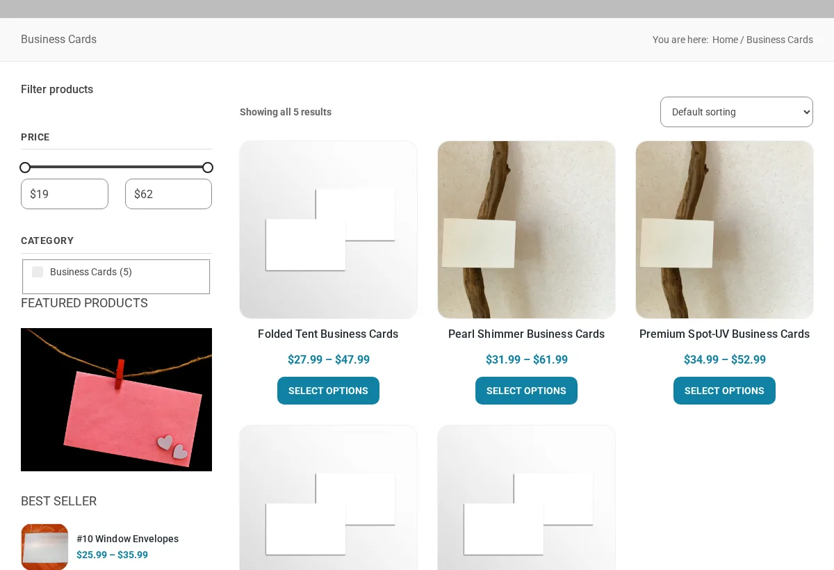 Business Cards category of the Printcart print shop demo store with five business card products and their price ranges
