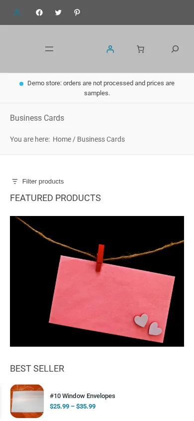 Business Cards category of the print shop demo store on a phone screen