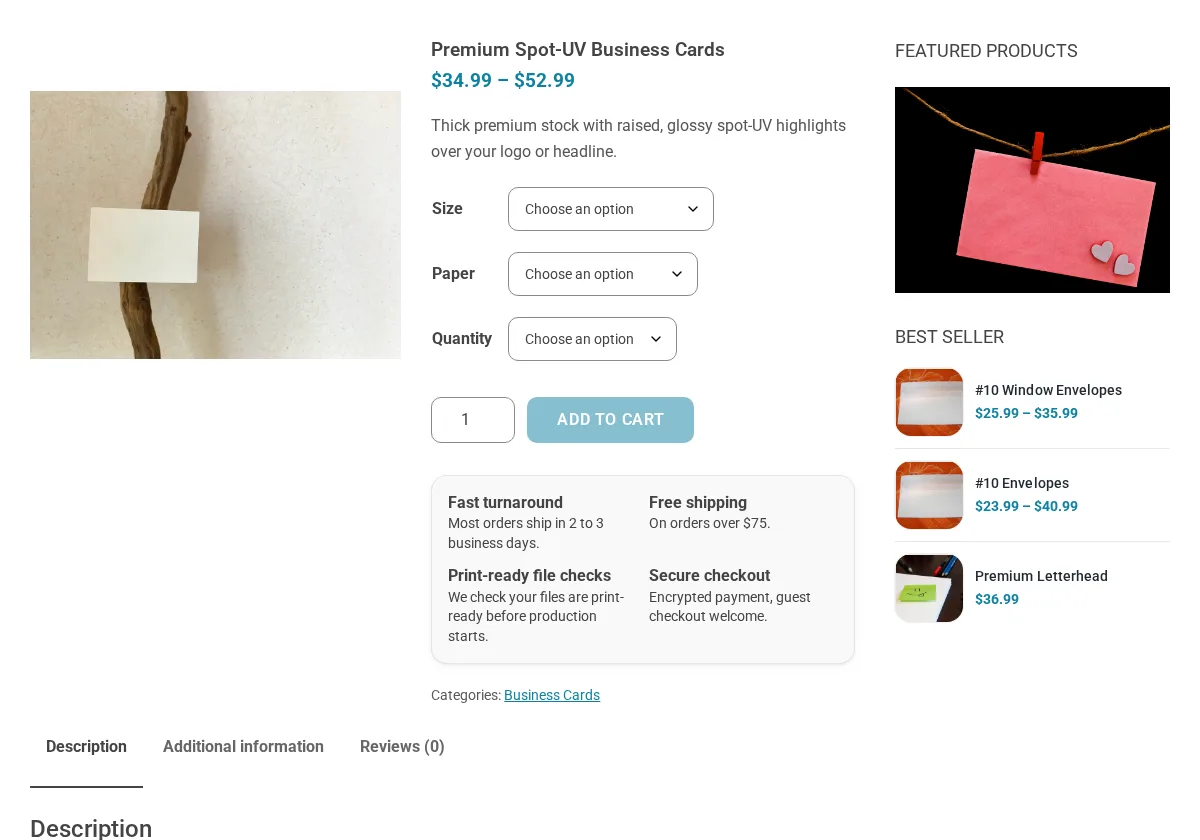 Premium spot-UV business cards product page with size, paper and quantity options