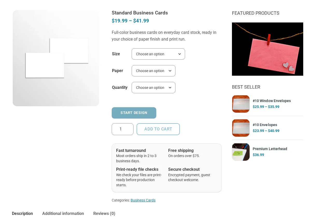 Standard business cards product page with size, paper and quantity options and a Start design button
