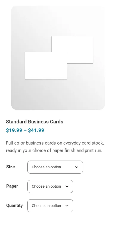 The standard business cards product page on a phone screen, with its price and options