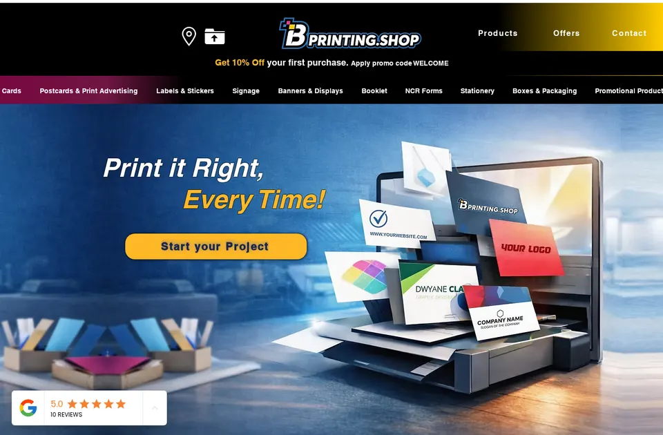 Home page of B Printing, a Printcart client store