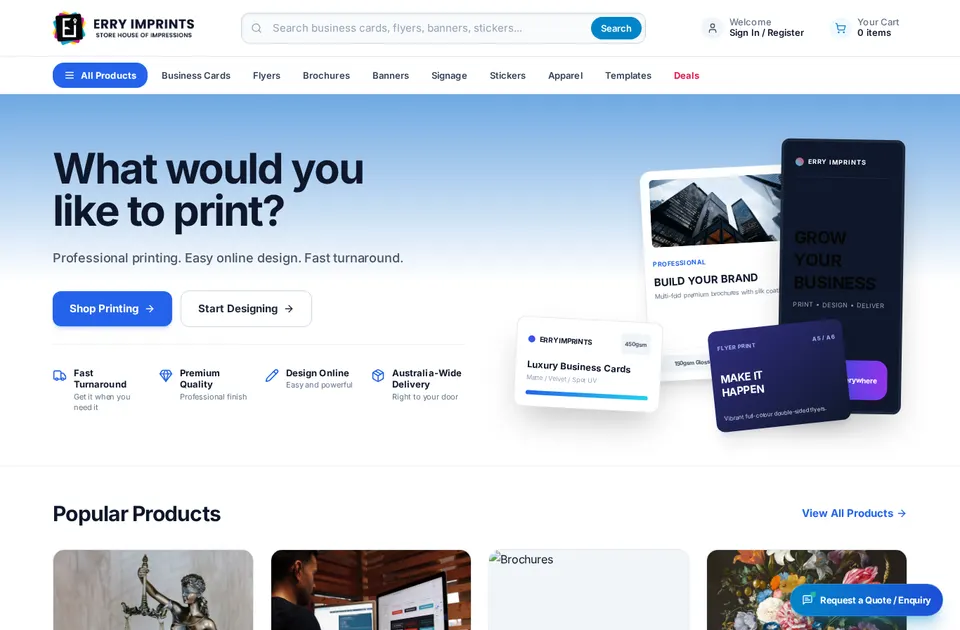 Home page of Erry Imprints, a Printcart client store