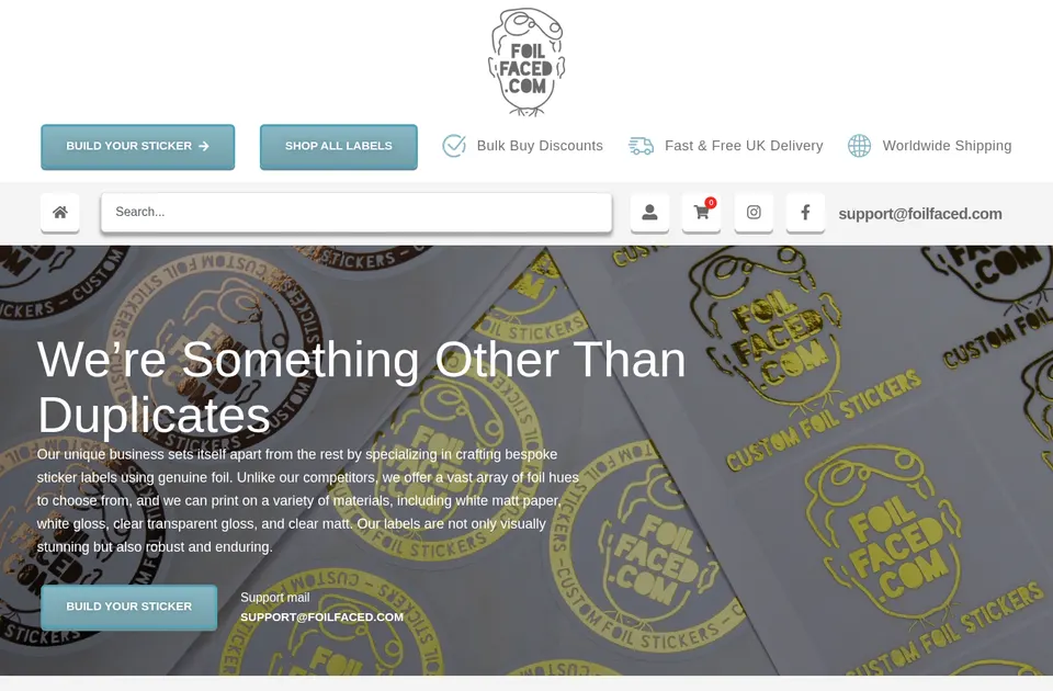 Home page of FoilFaced, a Printcart client store