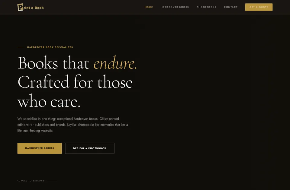 Home page of PrintABook, a Printcart client store