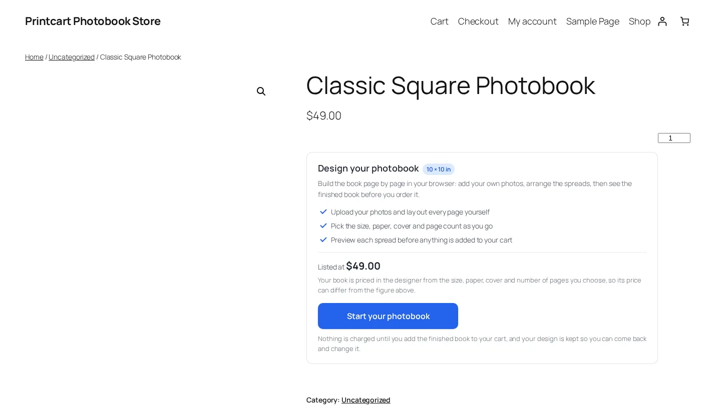 Classic square photobook product page of the Printcart photobook demo store with a Start your photobook button