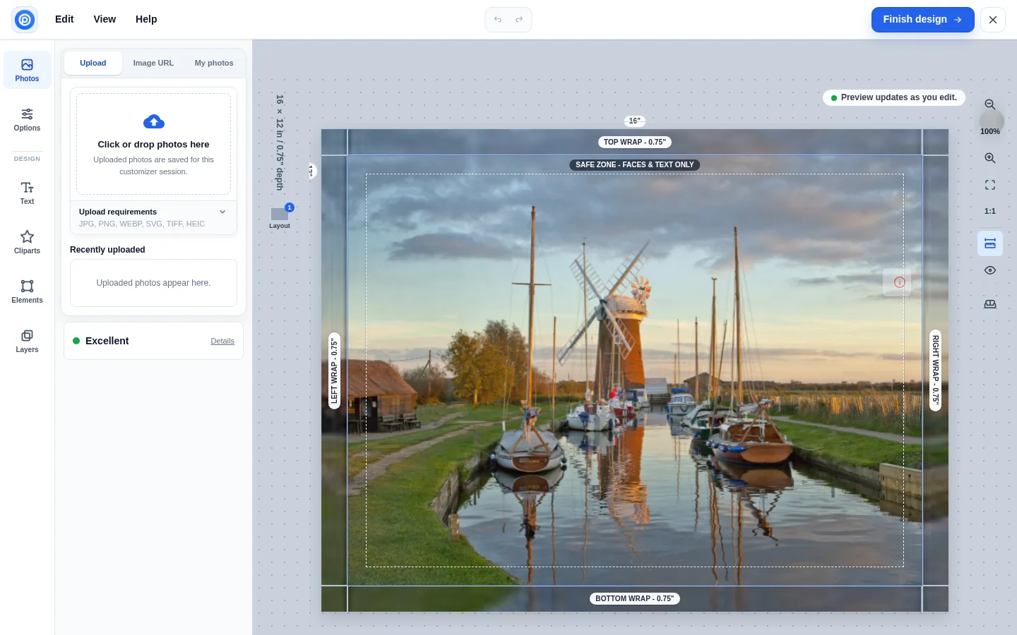 The Printcart Canvas designer with a photo on a canvas