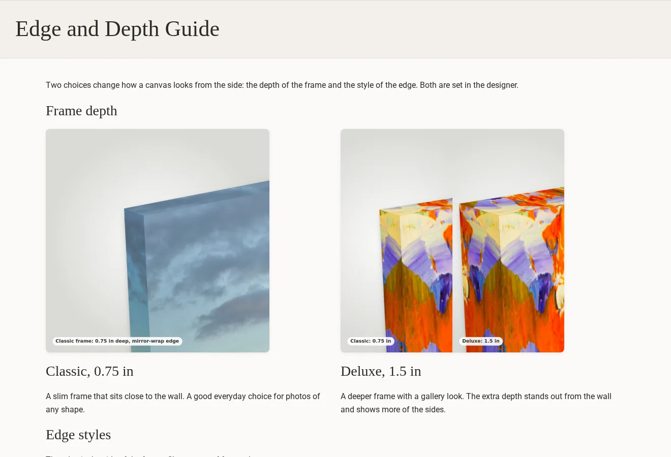 Edge and depth guide of the canvas demo store comparing the Classic 0.75 in and Deluxe 1.5 in frame depths