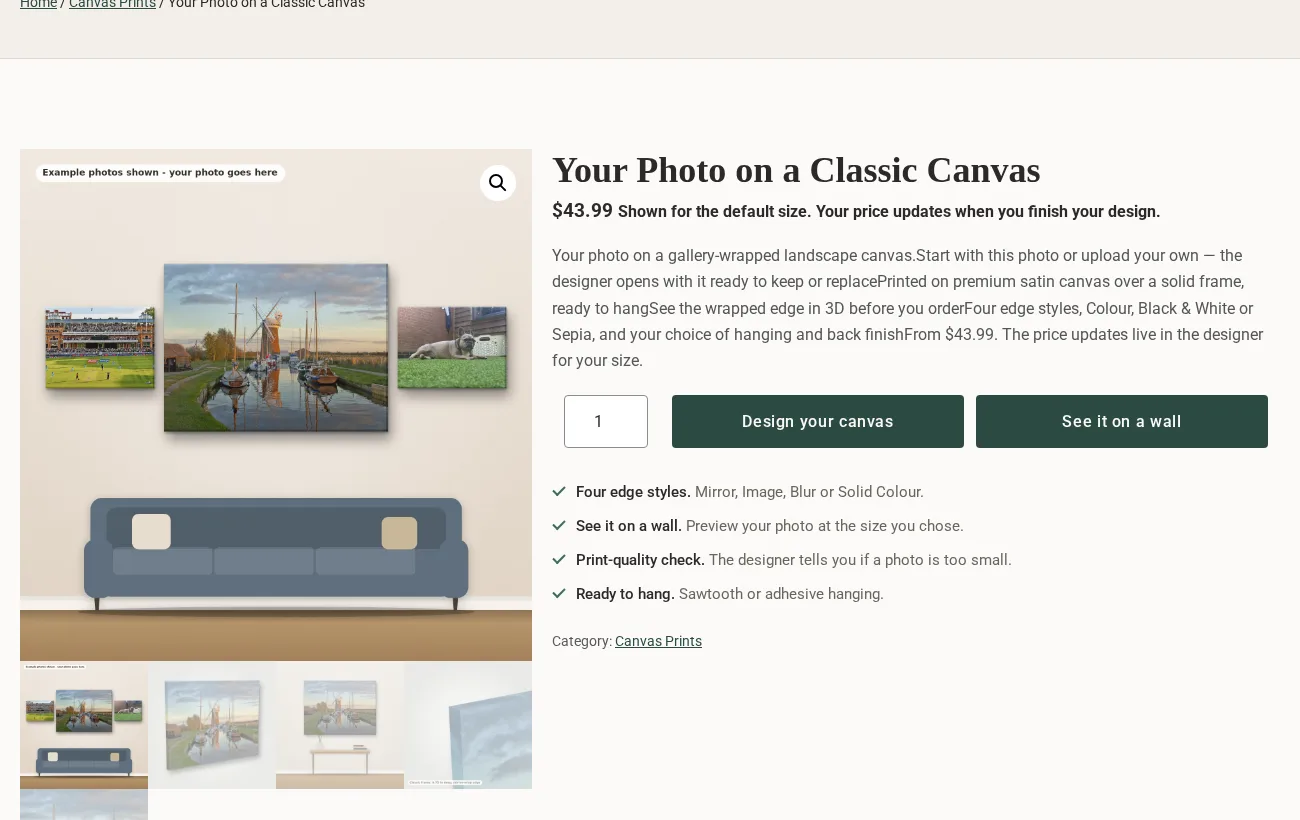 Classic canvas product page with a canvas shown above a sofa, Design your canvas and See it on a wall buttons