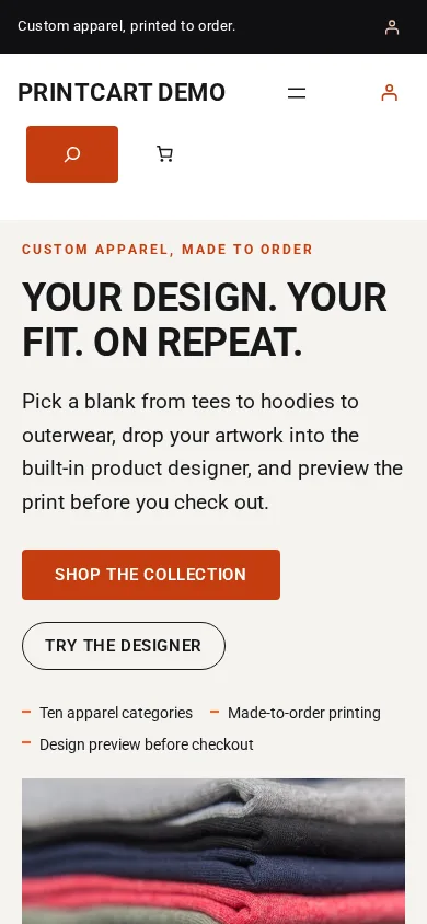 Home page of the apparel demo store on a phone screen