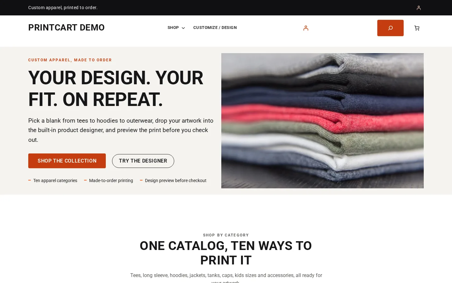Home page of the Printcart apparel demo store with Shop the collection and Try the designer buttons