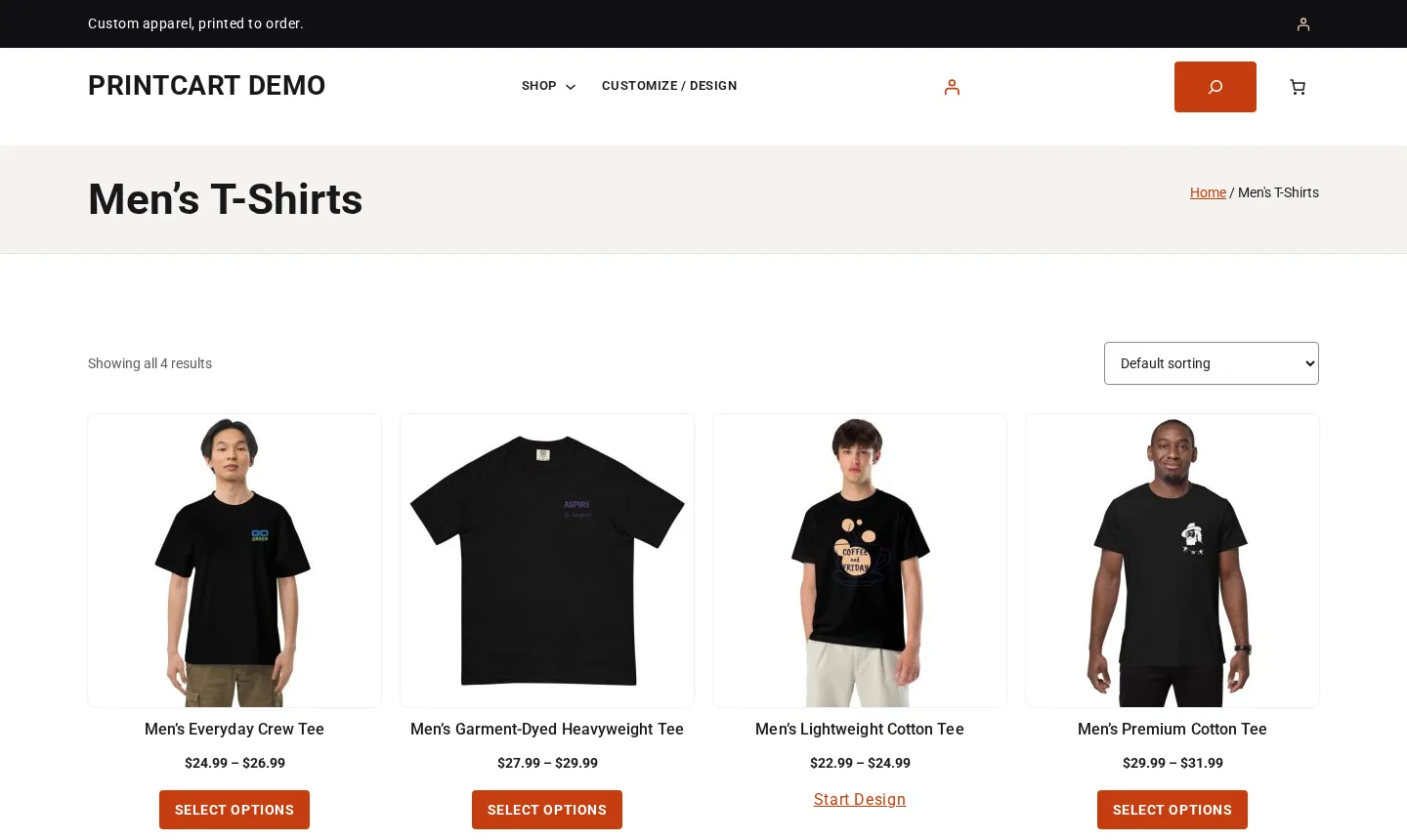 Men's T-shirts category of the apparel demo store with four tees and their prices
