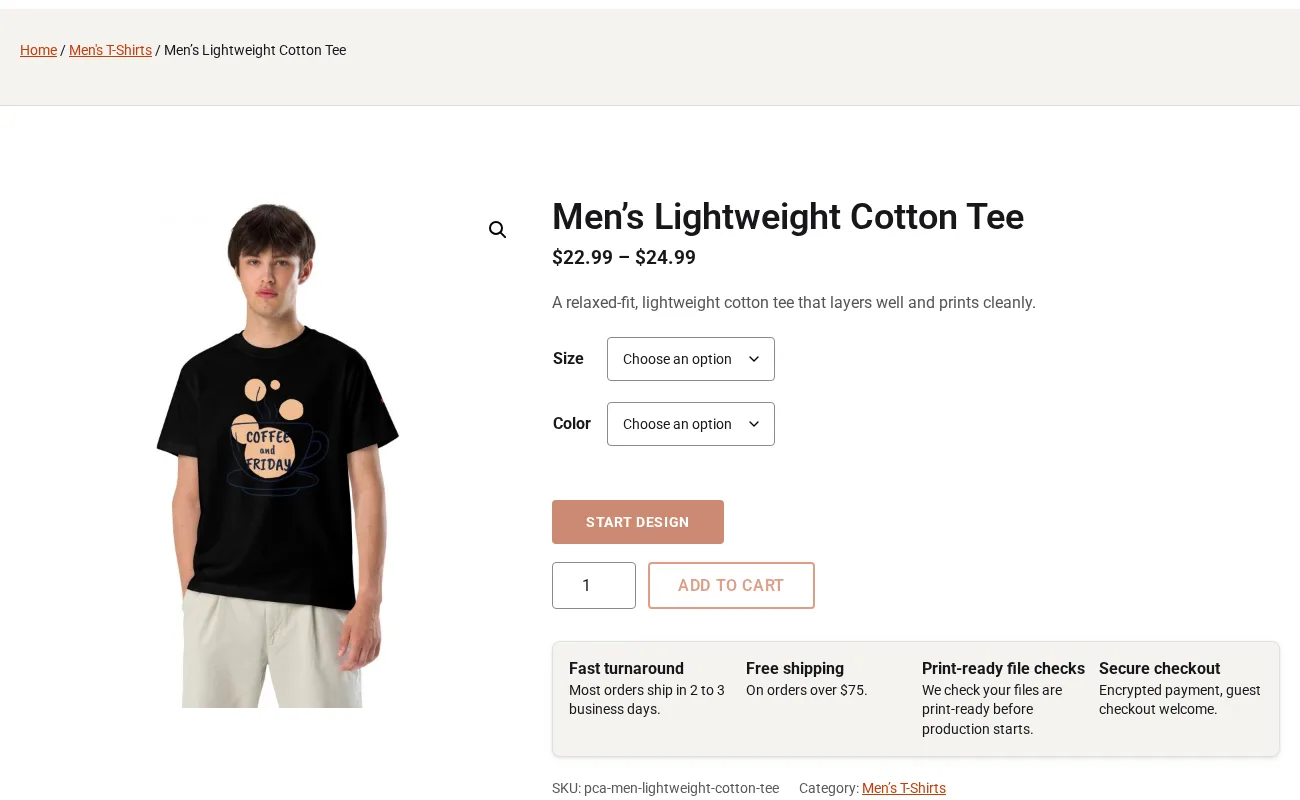 Men's lightweight cotton tee product page with size and colour options and a Start design button