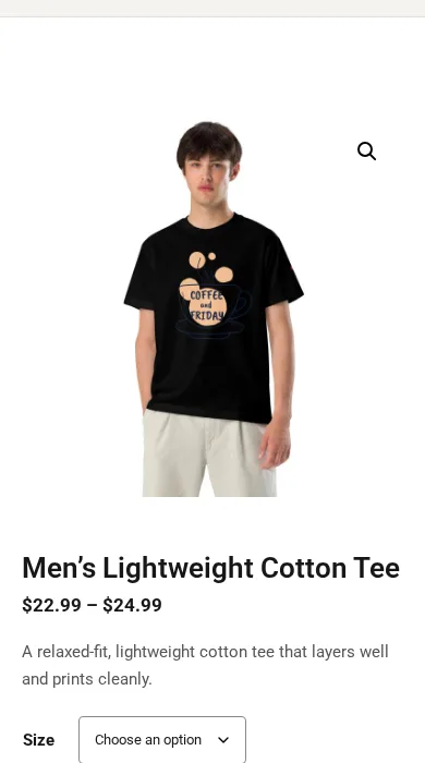 The T-shirt product page of the apparel demo store on a phone screen