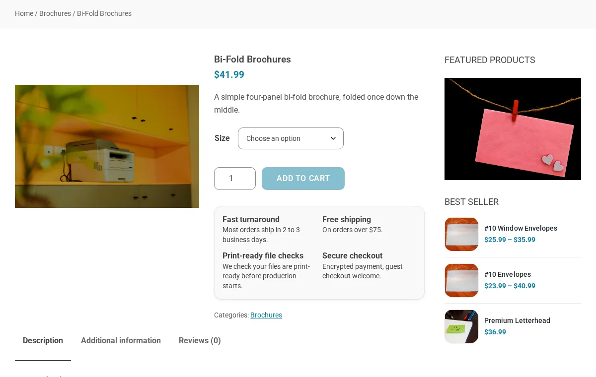 Bi-fold brochure product page in the print shop demo store, with a size option, price and add to cart button