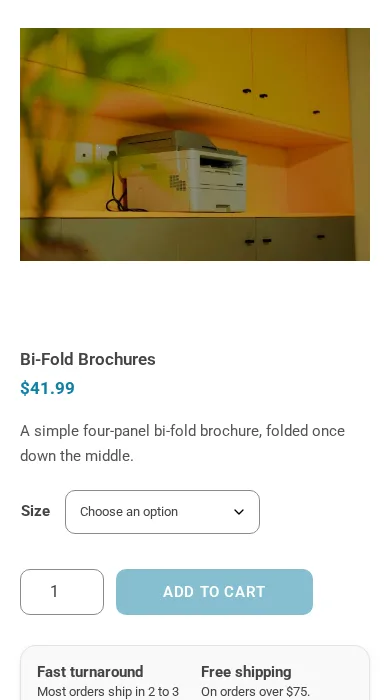 The bi-fold brochure product page of the print shop demo store on a phone screen