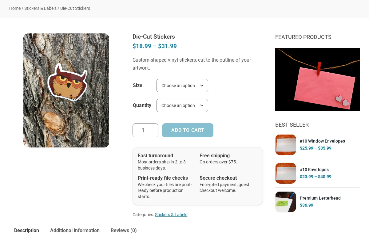 Die-cut stickers product page in the print shop demo store, with size and quantity options