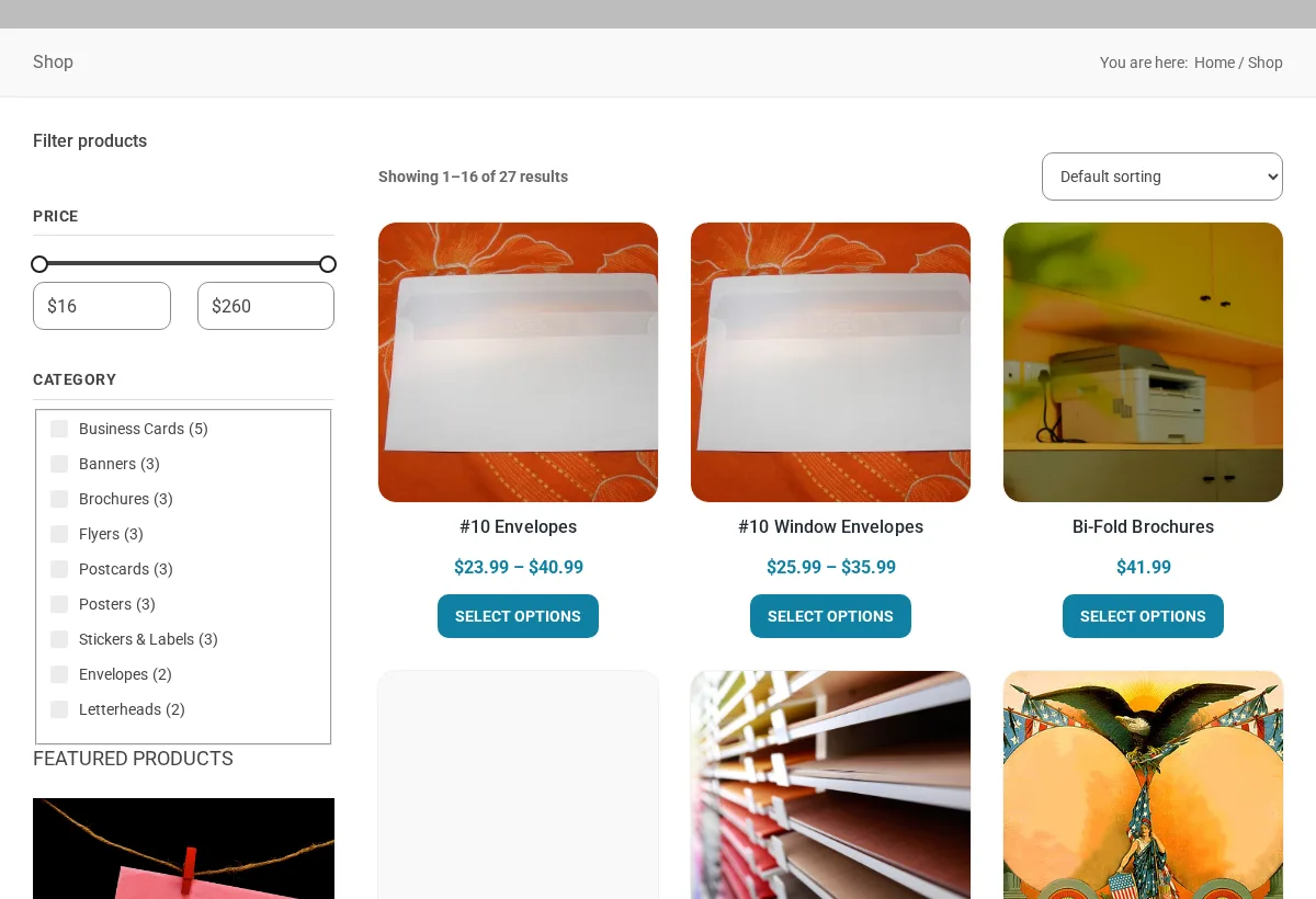 Shop page of the Printcart print shop demo store: price and category filters and a grid of print products with prices