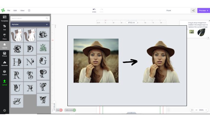 The Printcart design tool removing the background of an uploaded photo: original on the left, cut-out on the right