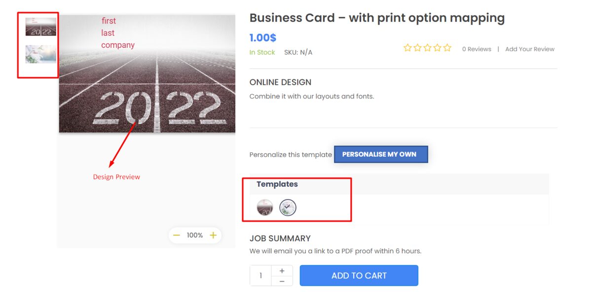 Template selection panel on a product detail page, with a template list and live preview