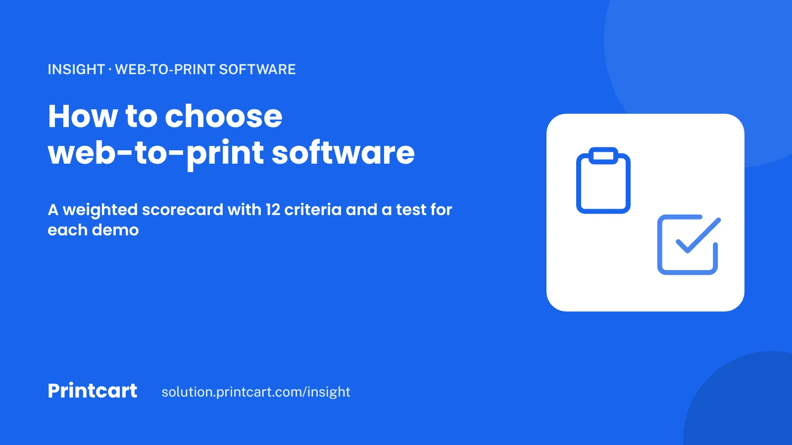 Cover: how to choose web-to-print software with a weighted scorecard, with a clipboard and a check icon