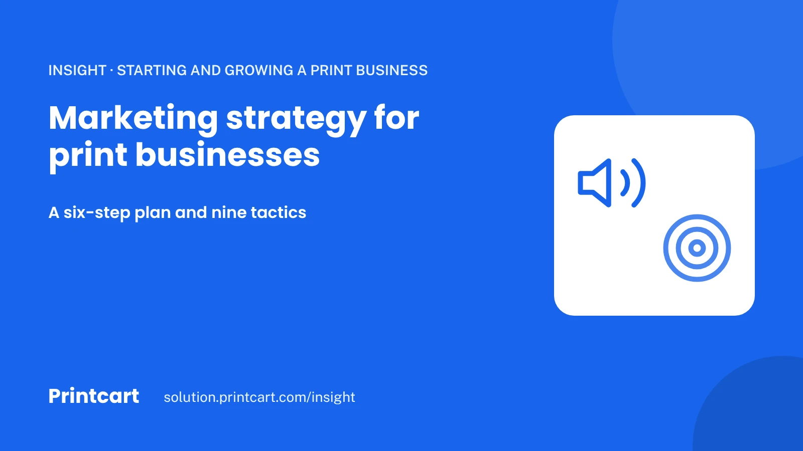 Cover: marketing strategy for print businesses, a plan and nine tactics, with a megaphone and a target icon