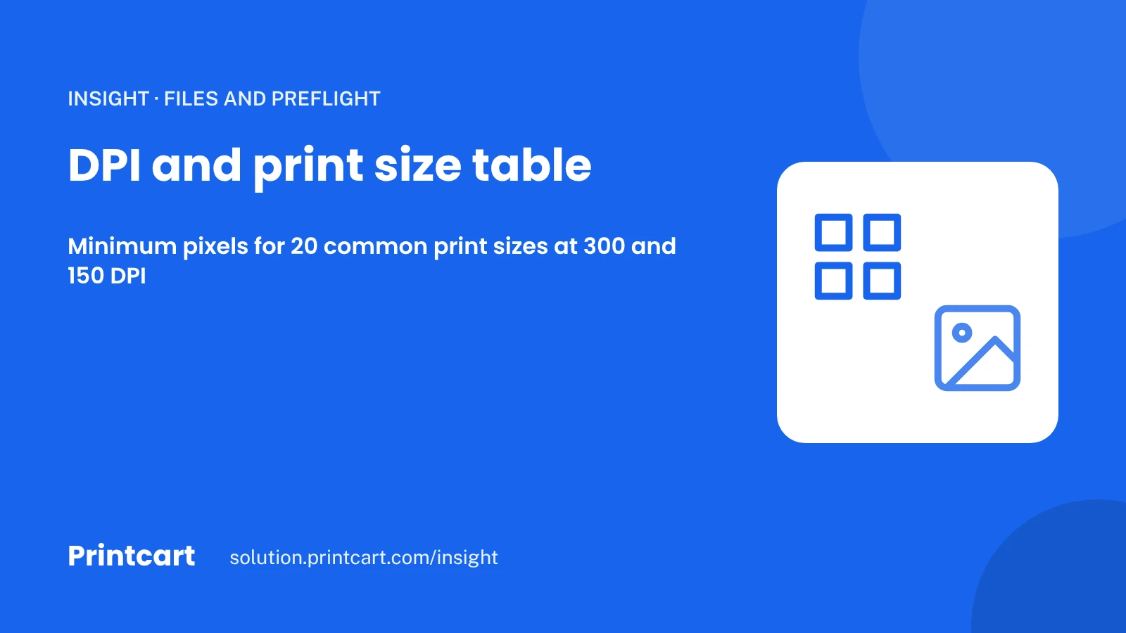 Cover: DPI and print size table, minimum pixels for common print sizes, with a grid and an image icon
