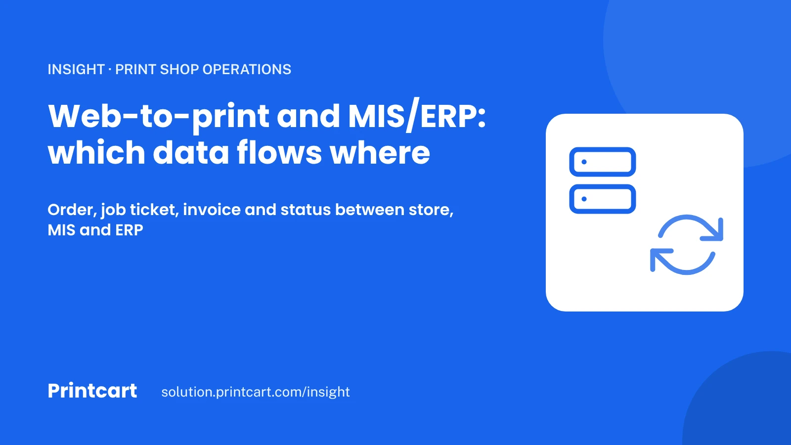 Cover: web-to-print and MIS or ERP, which data flows where, with a server and a refresh icon