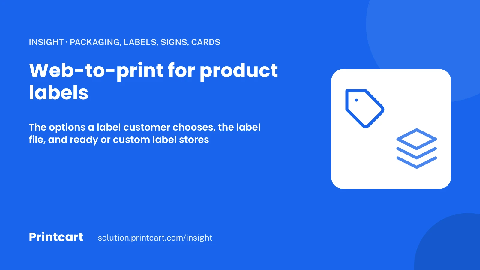 Cover: web-to-print for product labels, with a tag and a layers icon